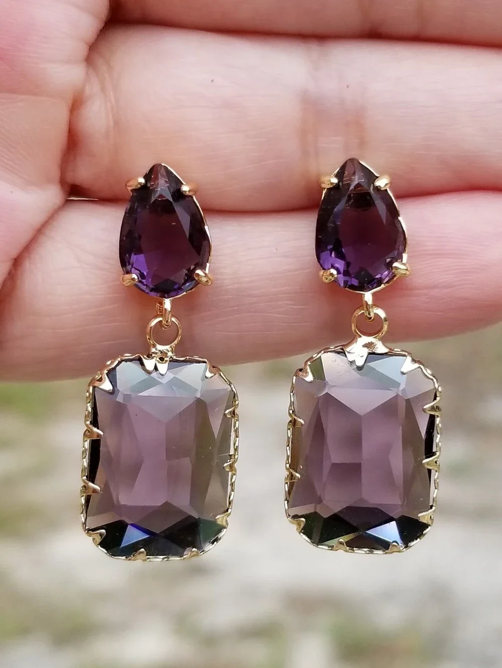 14k Gold Amethyst Stud Earrings, Rectangular Amethyst Dangle Earrings